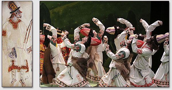 Эскиз Н.К.Рериха костюма юноши и эпизод Гамбурской постановки балета "Весна священная" с участием персонажей юношей.